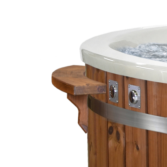wood fired hot tub with jets exterior shelf